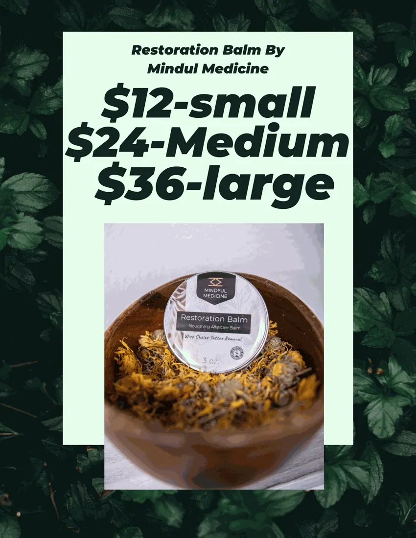Mindful Medicine, a restoration balm with pricing for small, medium, and large sizes.
